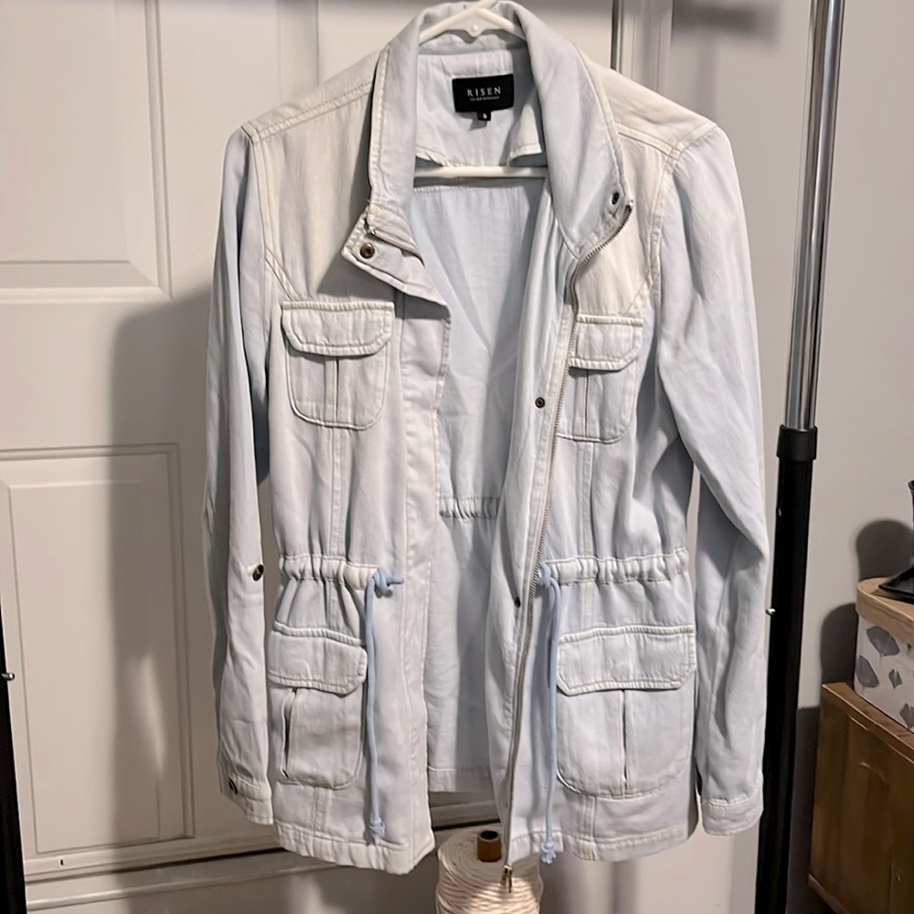 Risen Distressed Long Jean Jacket Sz Small